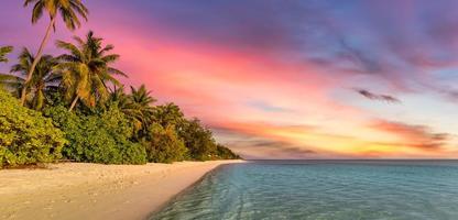 Wunderschöner Panorama-Sonnenuntergang tropischer Paradiesstrand. ruhige sommerferien oder urlaubslandschaft. tropischer sonnenuntergang strand meer palme ruhiges meer panorama exotische natur blick inspirierende meerlandschaft landschaftlich foto