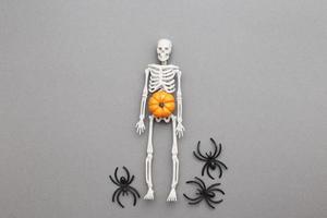 Skelett mit Kürbis und schwarzen Spinnen auf grauem Hintergrund. Halloween-Konzept foto
