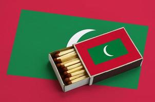 Die Flagge der Malediven wird in einer offenen Streichholzschachtel gezeigt, die mit Streichhölzern gefüllt ist und auf einer großen Flagge liegt foto