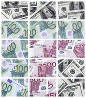 eine Collage aus vielen Bildern von Euro-Banknoten im Wert von 100 und 500 Euro, die auf dem Haufen liegen foto