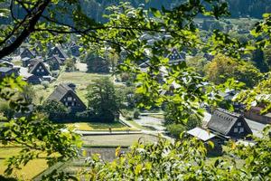 Shirakawa historisches Japanisch. Shirakawago-Dorf im Herbst aus der Vogelperspektive. Hausbau aus Holz mit Dach im Gassho-Zukuri-Stil. shirakawa-go ist unesco-welterbe und wahrzeichen in japan foto