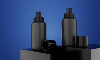minimalistischer hintergrund mit produktflasche zur präsentation. elegante produktflasche auf blauem hintergrund. 3D-Rendering-Produktpräsentation foto