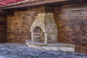 architektur, haus im alten stil mit kochherd kamin, außen foto