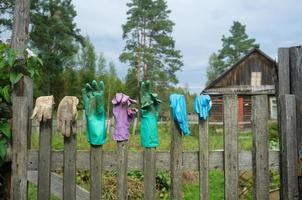 Alte, schmutzige Gummihandschuhe in verschiedenen Farben werden auf einem Zaun auf dem Land vor der Kulisse eines Hauses getrocknet. foto