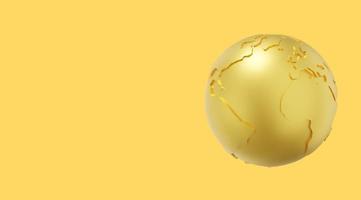 Globus Erde. minimalistischer Zeichentrickfilm. goldenes Symbol auf gelbem Hintergrund mit Platz für Text. 3D-Rendering. foto