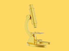 realistisches Goldmikroskop. 3D-Rendering. Symbol auf gelbem Hintergrund foto
