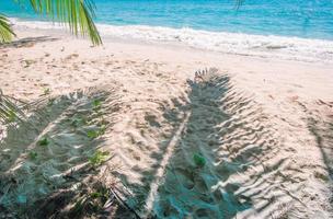 tropischer strandsand mit schatten von palmenblättern. reise- und urlaubskonzepthintergrund. foto