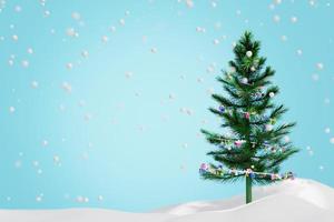 3D-Darstellung blauer Hintergrund Mockup Weihnachten und frohes neues Jahr elegant mit Schneefall im Winter Urlaub Feier Weihnachtsbaum Schnee Geschenk Gold foto