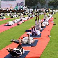 Gruppen-Yoga-Übungssitzung für Menschen verschiedener Altersgruppen im Cricket-Stadion in Delhi am internationalen Yoga-Tag, große Gruppe von Erwachsenen, die an Yoga-Sitzungen teilnehmen foto