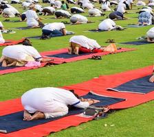 Gruppen-Yoga-Übungssitzung für Menschen verschiedener Altersgruppen im Cricket-Stadion in Delhi am internationalen Yoga-Tag, große Gruppe von Erwachsenen, die an Yoga-Sitzungen teilnehmen foto