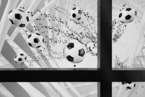 3D-Fußball-Objektdesign. realistische Wiedergabe. abstrakter futuristischer hintergrund. 3D-Darstellung. Konzept der Bewegungsgeometrie. Grafik des Sportwettbewerbs. Inhalt von Turnierspielwetten. Fußballelement. foto