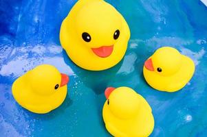 Eine Familie gelber Gummienten steht im Kreis auf einer blau-weißen Oberfläche aus Epoxidharzwasser. Enten aus ökologischem Gummi zum Schwimmen mit Kindern foto