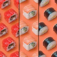 Collage mit verschiedenen Arten von asiatischen Sushi-Rollen auf orangefarbenem Hintergrund. Minimalismus Draufsicht flaches Laienmuster mit japanischem Essen foto