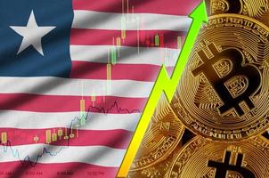 Liberia-Flagge und wachsender Trend der Kryptowährung mit vielen goldenen Bitcoins foto