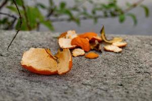 Orangenschale auf einem Bürgersteig foto