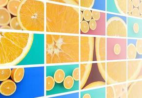 eine Collage aus vielen Bildern mit saftigen Orangen. Reihe von Bildern mit Früchten auf Hintergründen in verschiedenen Farben foto