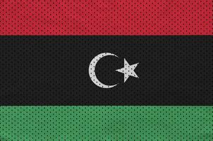 Libyen-Flagge gedruckt auf einem Polyester-Nylon-Sportswear-Mesh-Gewebe m foto