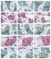 eine Collage aus vielen Bildern von Hunderten von Dollar- und Euroscheinen, die auf einem Stapel liegen foto