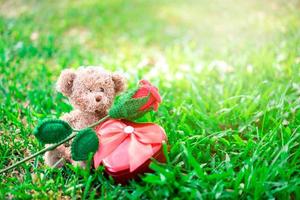 Teddybär sitzt mit roter Rose und Herz foto