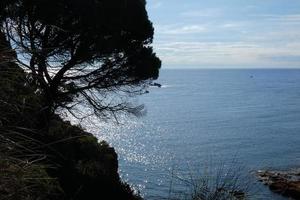 Pinien, Felsen und Klippen an der katalanischen Costa Brava im Mittelmeer foto
