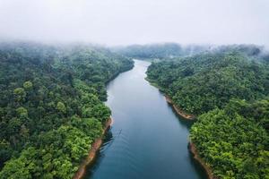Nebeliger Fluss und Bootssegeln im tropischen Regenwald des üppigen Ökosystems am Morgen