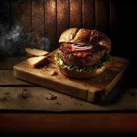 köstlicher hausgemachter steakburger auf einem alten holztisch. Fett ungesunde Lebensmittel aus nächster Nähe. foto