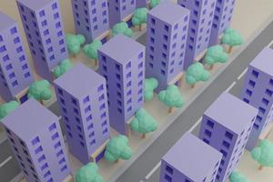 Hochhausmodell auf gelbem Hintergrund, Stadthochhäuser, Hochhaustyp, Stadtleben, Wohnungsverkauf, Eigentumswohnung, Wohnung, 3D-Rendering foto