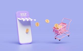 3D lila Handy, Smartphone mit Ladenfront, Einkaufswagen, Korb, Münzen isoliert auf lila Hintergrund. Online-Shopping, minimales Konzept, 3D-Darstellung foto