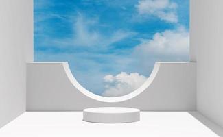 3D graues Zylinderbühnenpodium leer mit Wolken, blauer Himmelshintergrund. abstrakter geometrischer kosmetischer Vitrinensockel, minimale moderne Szene, 3D-Darstellung foto