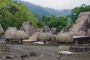 bena ein traditionelles dorf mit grashütten der ngas in flores bei bajawa, indonesien. Viele kleine Häuser bestehen aus natürlichen Teilen wie Holz und Stroh. riesiger Vulkan im Hintergrund foto