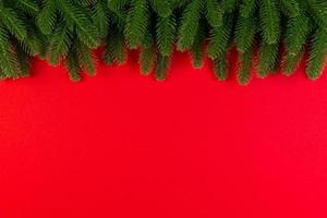 Draufsicht auf grüne Tannenzweige auf buntem Hintergrund. neujahrsferienkonzept mit leerem raum für ihr design foto