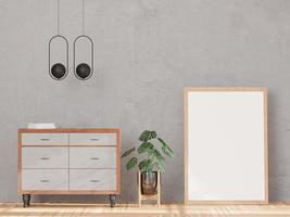 Wohnzimmer im Loft-Stil und Betonwand, Beton-Sideboard-Mock-up-Rahmen - 3D-Rendering - foto