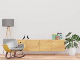 wohnzimmer und weiße wand und holzsideboard, japanischer minimalstil, mock-up und kopierraumwand - 3d-rendering - foto