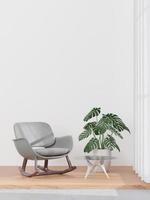 wohnzimmer und weiße wand, großes fenster, graues sofa, minimaler stil, modell und kopierraumwand - 3d-rendering - foto