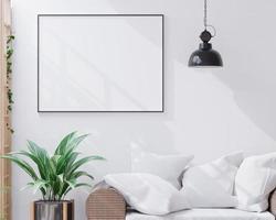 Wohnzimmer auf dem weißen Wandhintergrund, Baum auf Kabinett, minimaler Stil, Rahmenform-Attrappe - 3D-Darstellung - foto
