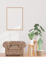 wohnzimmer und weiße wand ledersofa mock up rahmen - 3d-rendering - foto