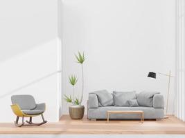 schlafzimmer und weiße wand, großes fenster, graues sofa, minimaler stil, modell und kopierraumwand - 3d-rendering - foto