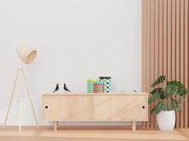 Wohnzimmer und weiße Wand und Holz-Sideboard, minimaler Stil, Mock-up und Kopierraumwand - 3D-Rendering - foto