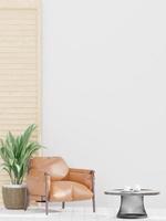 wohnzimmer und weiße wand, großes fenster, braunes ledersofa, minimaler stil, mock-up und kopierraumwand - 3d-rendering - foto
