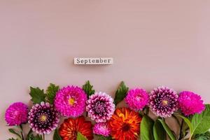 herbsthelle grenze von geschnittenen gartenblumen. Schöne Dahlien und Astern auf beigem Hintergrund mit einem Holzkalender. September. Ansicht von oben.