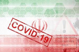 iranische flagge und futuristische digitale abstrakte komposition mit covid-19-stempel. konzept des coronavirus-ausbruchs foto