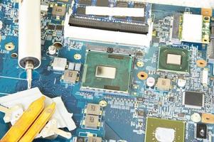 Betrachten Sie das Bild oben, CPU, Computer-Motherboard, elektronische Motherboard-Reparatur. foto
