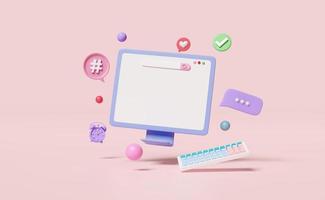 3D-Social Media mit Computermonitorsymbolen, Chatblasen, Häkchen einzeln auf rosa Hintergrund. online-soziale, seo-kommunikationsanwendungen, vorlagenkonzept, 3d-renderillustration foto