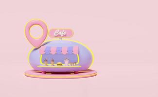 shop shop cafe 3d mit pin-eis, hamburger oder burger, sandwich, glas isoliert auf rosa hintergrund. sommerreise, ortsstiftmarkierung, 3d-renderillustration foto