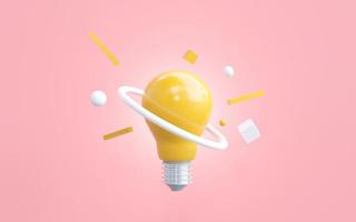leuchtend gelbe Birne mit moderner Geometrie des Kugelrings. Konzept der Kreativität, des neuen Innovationswissens und des Lernens. 3D-Darstellung foto