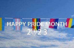 "Happy Pride Month" auf Bluesky- und Regenbogenfahnen, die in der Hand gehalten werden, Sonnenuntergangshintergrund, Konzept für LGBT-Feierlichkeiten im Pride Month, Juni, auf der ganzen Welt. foto