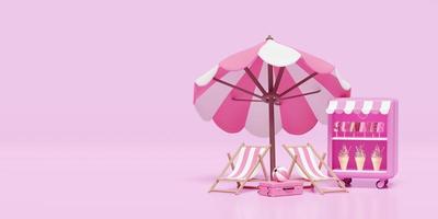 sommerreise mit eisvitrinen, gefrierschrank, koffer, strandkorb, regenschirm, ball lokalisiert auf rosa hintergrund. konzept 3d-illustration, 3d-rendering foto