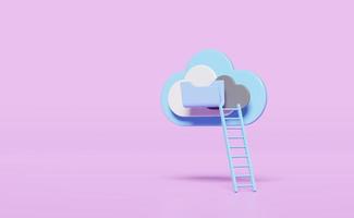 Cloud-Ordner mit Leiter oder Treppe isoliert auf violettem Hintergrund. Cloud-Storage-Download, Upload, Datenübertragung, Netzwerkkonzept für Rechenzentrumsverbindungen, 3D-Darstellung, 3D-Rendering foto