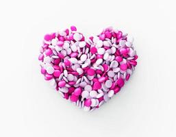 Bunte rosa und weiße Dragee-Bohnen in Form eines Herzens auf weißem Hintergrund. 3D-Darstellung foto