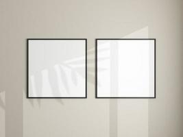 fotorahmenmodell, das an der weißen wand hängt. minimalistischer Hintergrund. leeres bilderrahmenmodell im wohnzimmer. Plakatmodell. sauberer, moderner, minimaler Rahmen. 3D-Rendering. foto